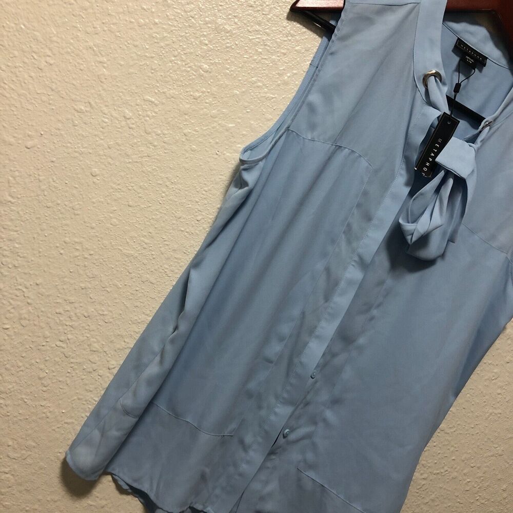 5/$25 metaphor large blouse l light blue tie neck dressy 20.5" bust thin spot A0
